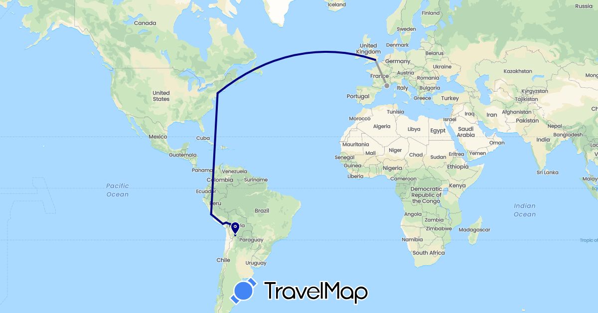 TravelMap itinerary: driving, plane in Bolivia, France, United Kingdom, Peru, United States (Europe, North America, South America)
